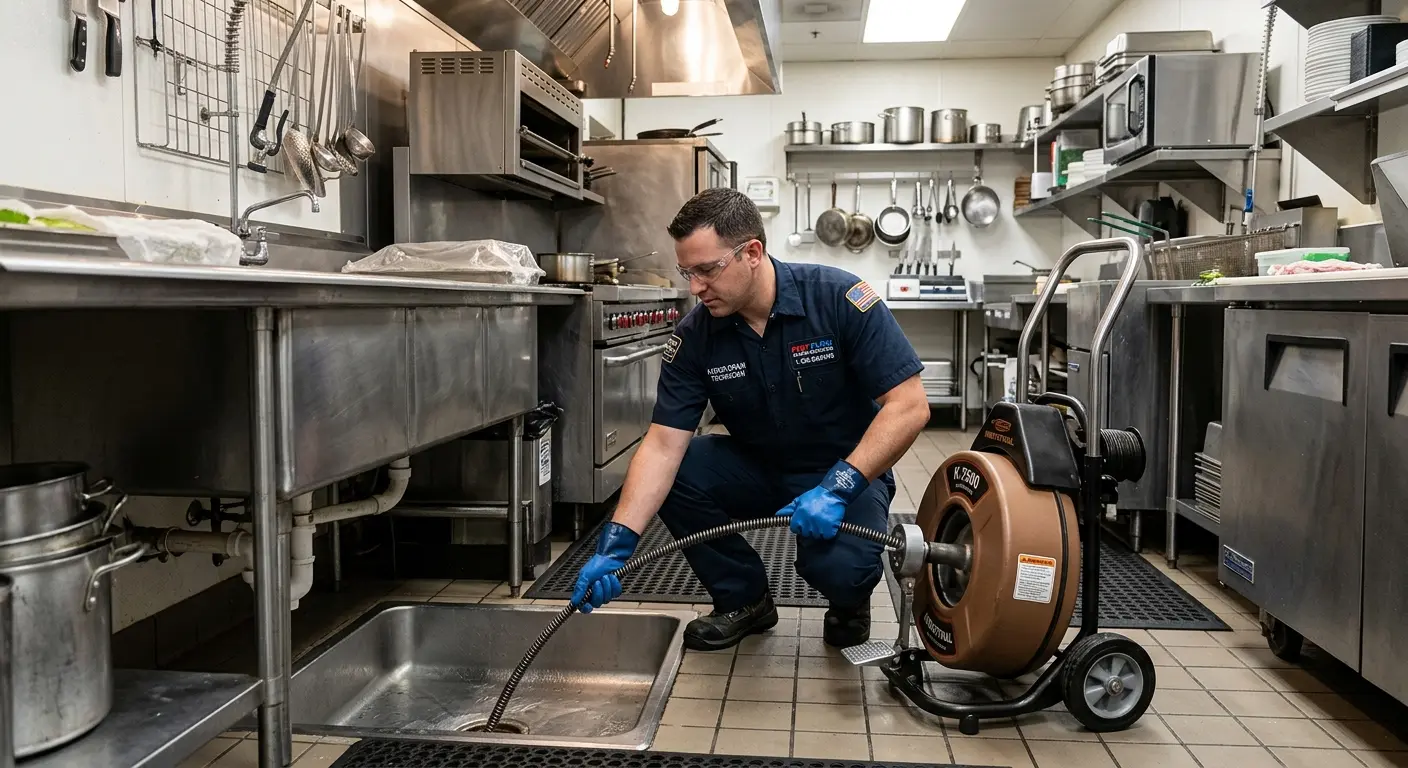 Commercial drain cleaning service in a restaurant kitchen in Rehoboth