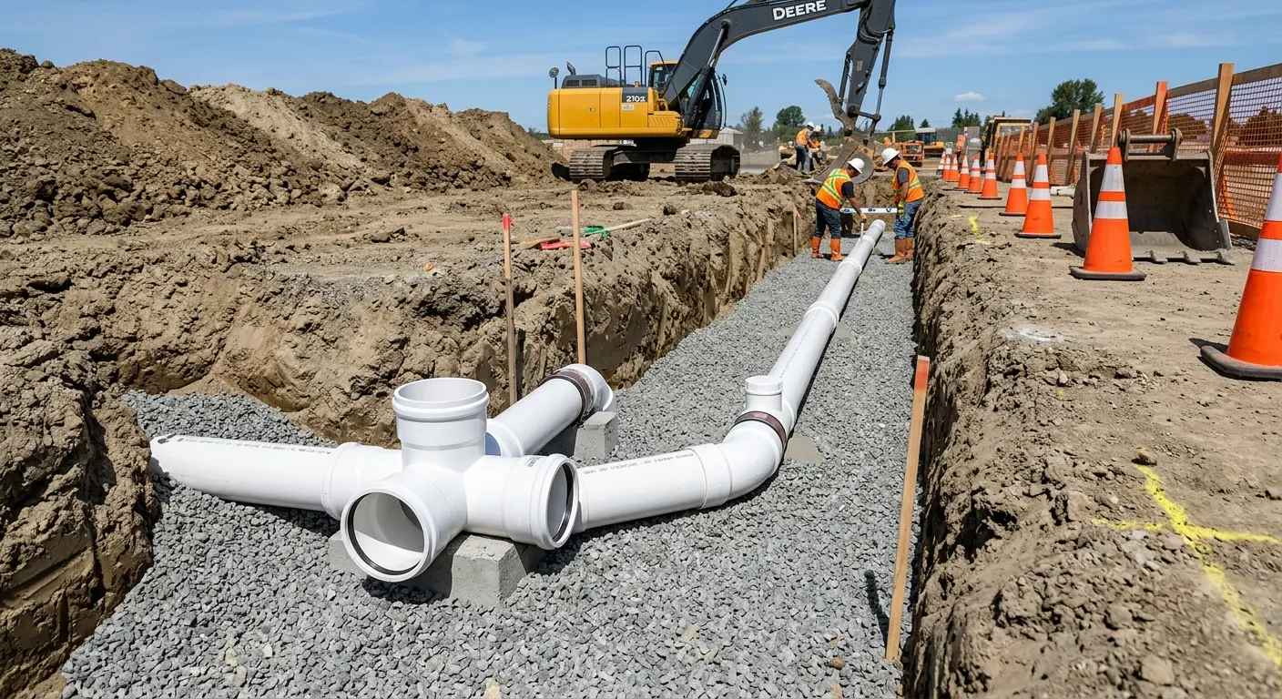 New PVC sewer pipe installation in open trench for Commercial Drain Cleaning in Rehoboth